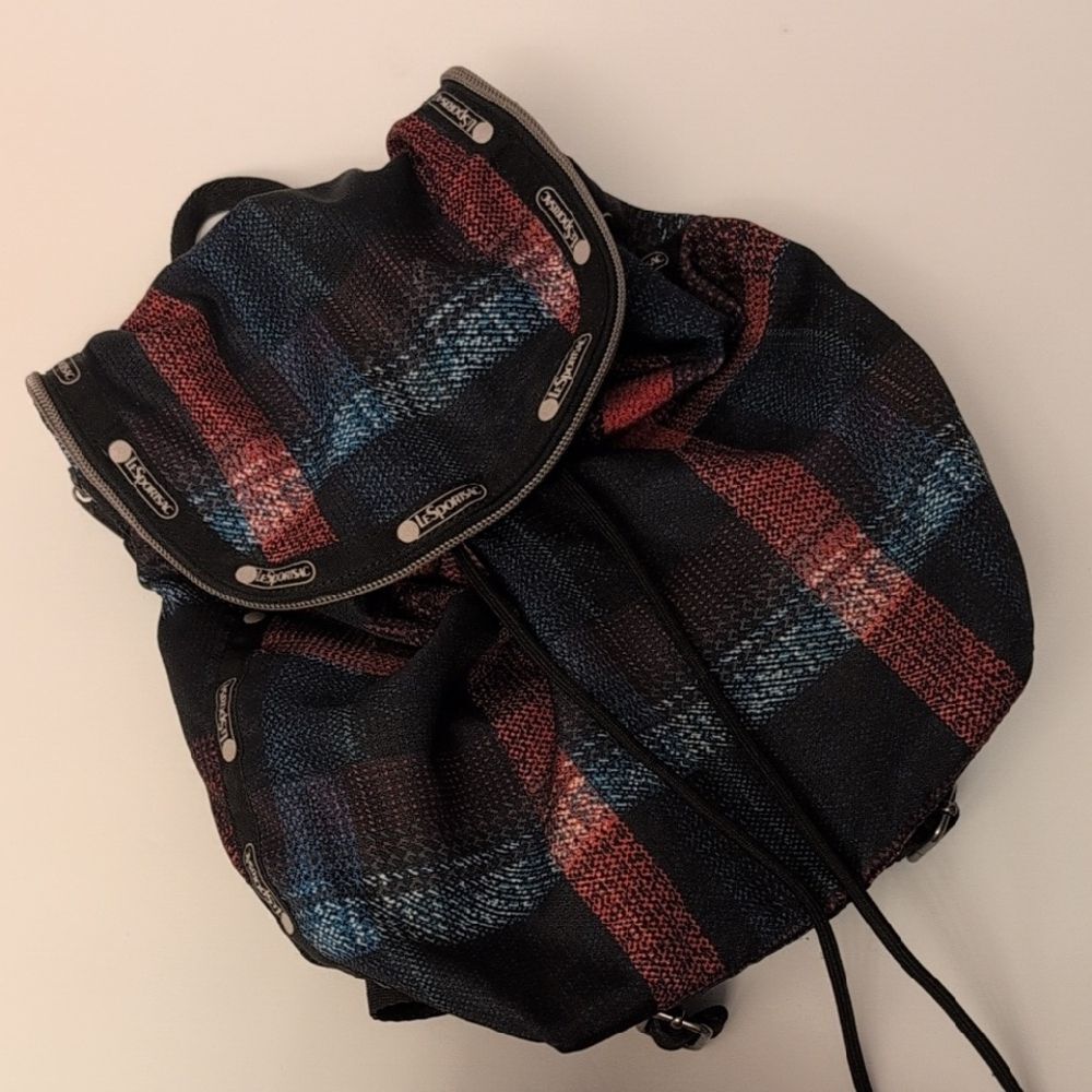 Lesportsac Checkered Plaid Small Backpack Black Red Cinch Bag Pockets Flap